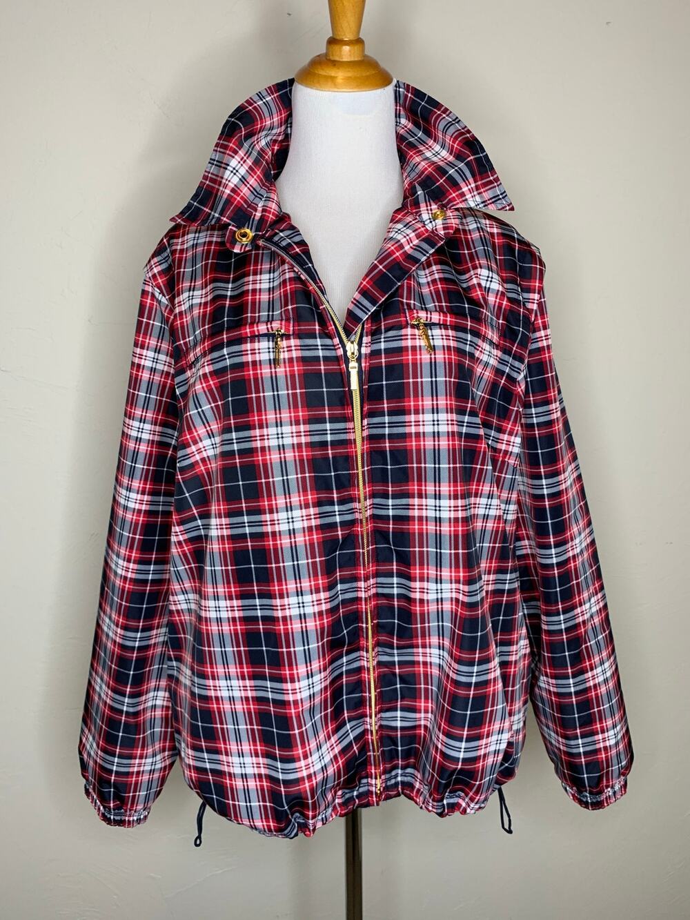 Vintage Catalina Red White Blue Plaid Windbreaker Jacket Sz Large Preppy Coastal